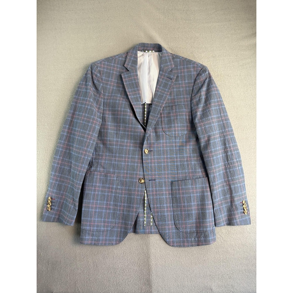 JKT New York Blazer Mens 38R Blue Plaid Cotton Stretch Blazer Jacket Sport Coat